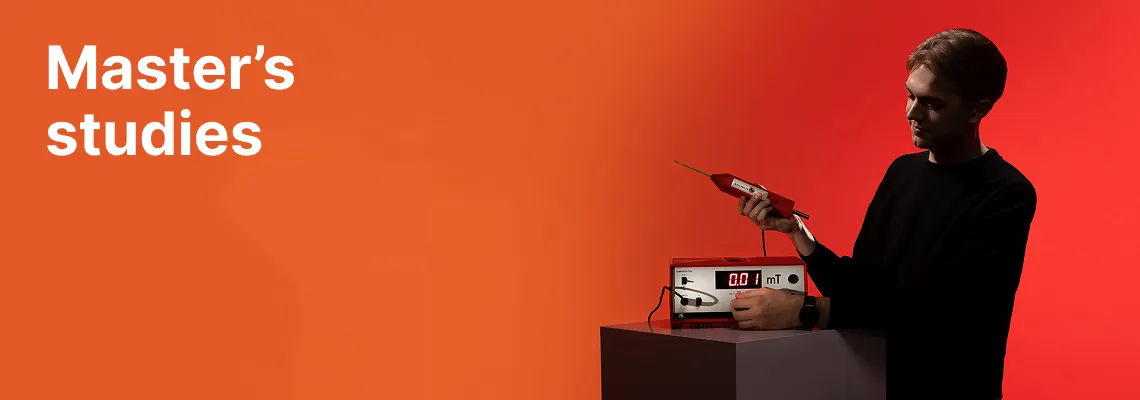 A KTU Faculty of Mathematics and Natural Sciences student working with measuring equipment against an orange decorative background. The faculty offers master's studies. Choose KTU master's studies.