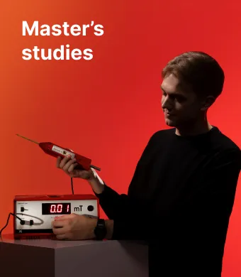 A KTU Faculty of Mathematics and Natural Sciences student working with measuring equipment against an orange decorative background. The faculty offers master's studies. Choose KTU master's studies.
