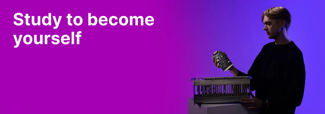 A student of the KTU Faculty of Mathematics and Natural Sciences works with an electronics board and measuring equipment against a violet and blue decorative background. On the left, the slogan “Study to become yourself” invites to choose studies at KTU Faculty of Mathematics and Natural Sciences.