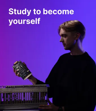 A student of the KTU Faculty of Mathematics and Natural Sciences works with an electronics board and measuring equipment against a violet and blue decorative background. On the left, the slogan “Study to become yourself” invites to choose studies at KTU Faculty of Mathematics and Natural Sciences.